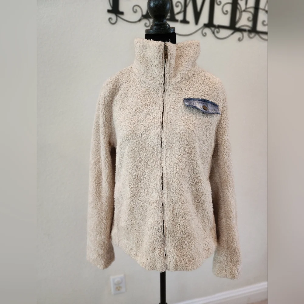 EUC Pendleton Ladies Camel / Creme & Blue Plaid Trim full zip Sweater - Picture 2 of 7